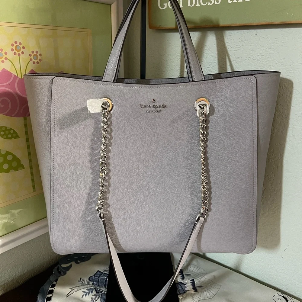 Kate Spade Light Gray Pebble Leather Chain Strap Tote NWT